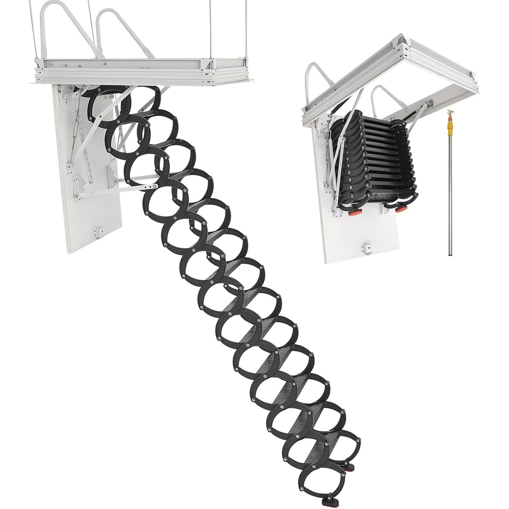 image:imageVEVOR Attic Ladder 660LBS2994KG Capacity Fits 105 to 11 ft Ceiling Height and 394 x 275 inch Opening Size Alloy Steel PullDown Retractable Ceiling Stair with Pulling Rod for Attic Loft Roof11 ft