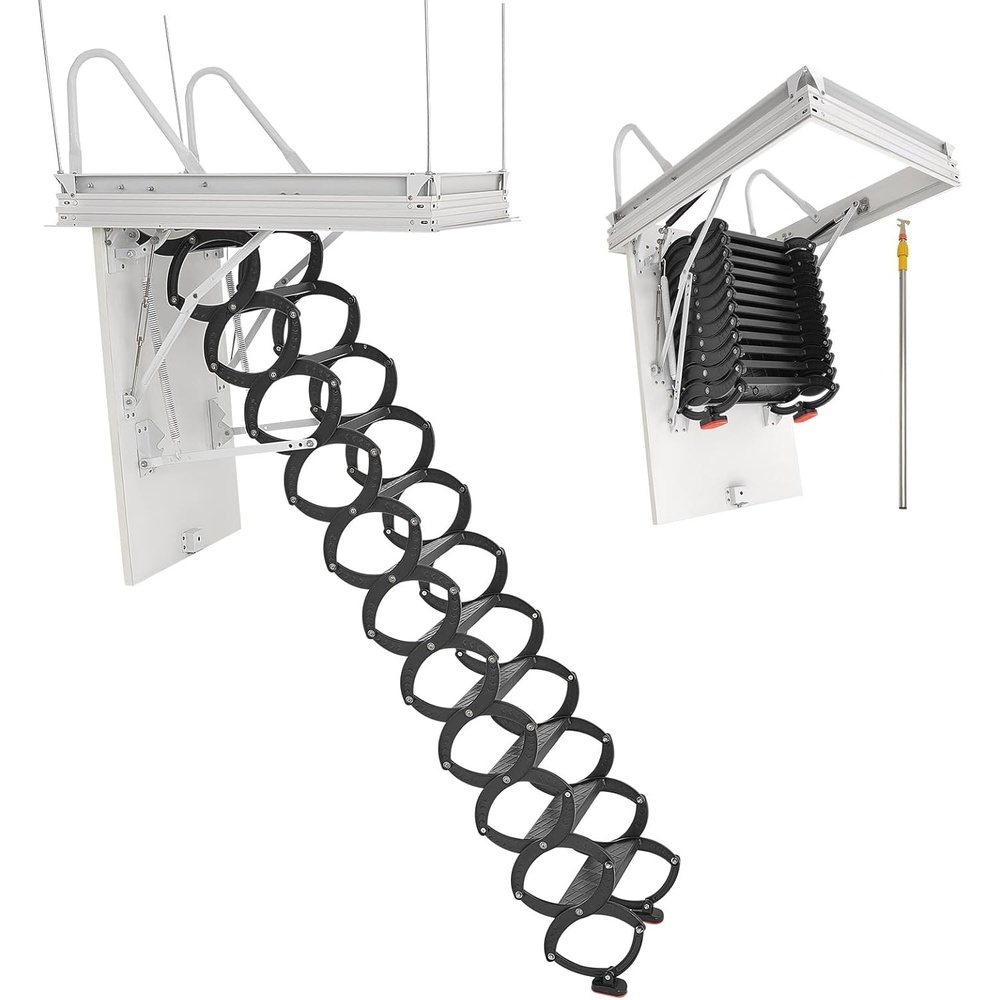 image:imageVEVOR Attic Ladder 660LBS2994KG Capacity Fits 105 to 11 ft Ceiling Height and 394 x 275 inch Opening Size Alloy Steel PullDown Retractable Ceiling Stair with Pulling Rod for Attic Loft Roof9 ft