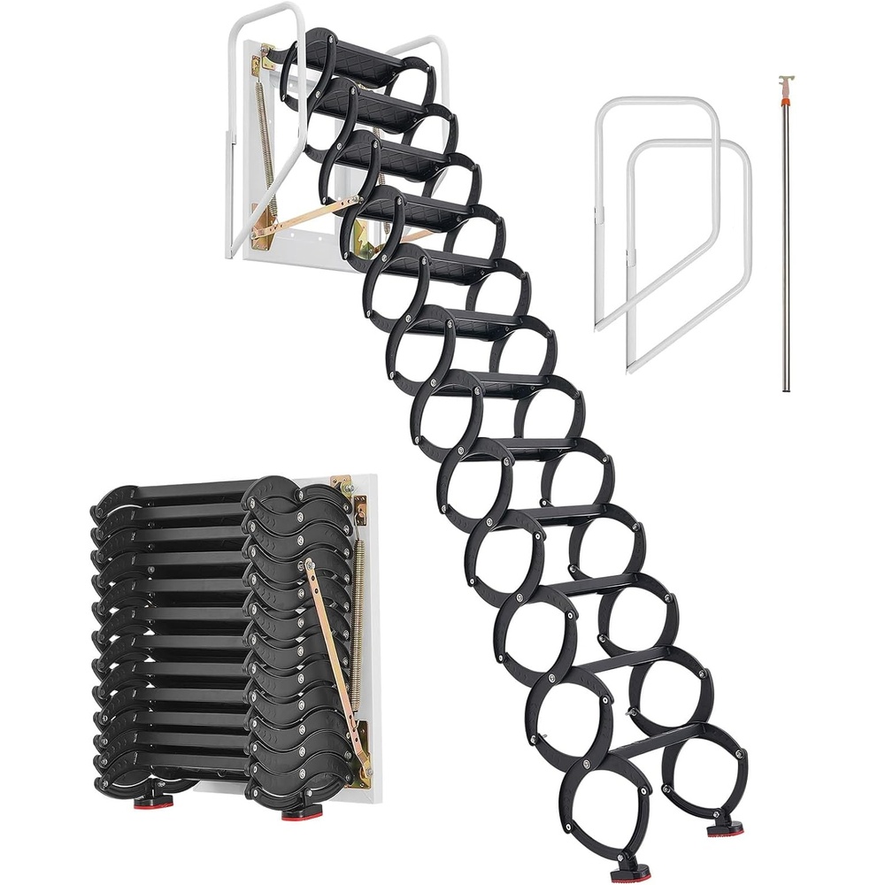 image:imageVEVOR Attic Ladder WallMounted 660LBS2994KG Capacity Fits 95 to 10 ft Ceiling Height 12Step Steel Folding Stairs with Handrails Pull Down Attic Ladders for Attics Garages Roofs Basements276 x 197 x 157 inches