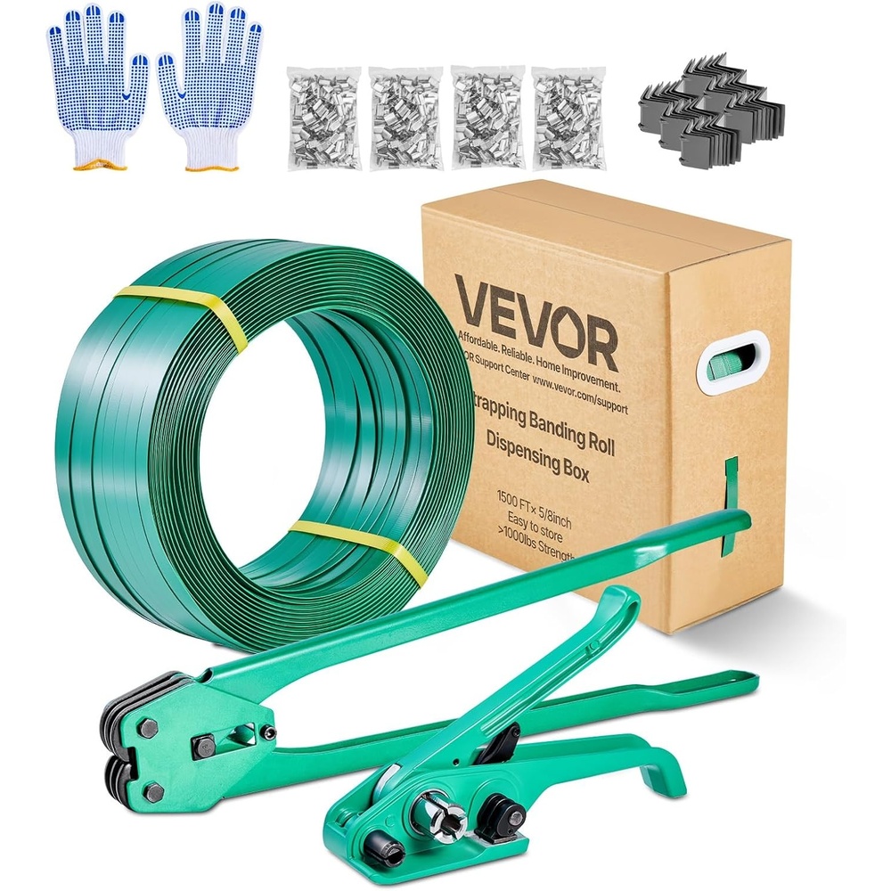 image:imageVEVOR Banding Strapping Kit Heavy Duty Banding Sealer Tool with 2000 ft PET Band 600 Metal Seals 200 Corner Protectors Plastic Pallet Packaging Strapping Kit for Warehouse Transportation HomePET 58x1500 6PC Set