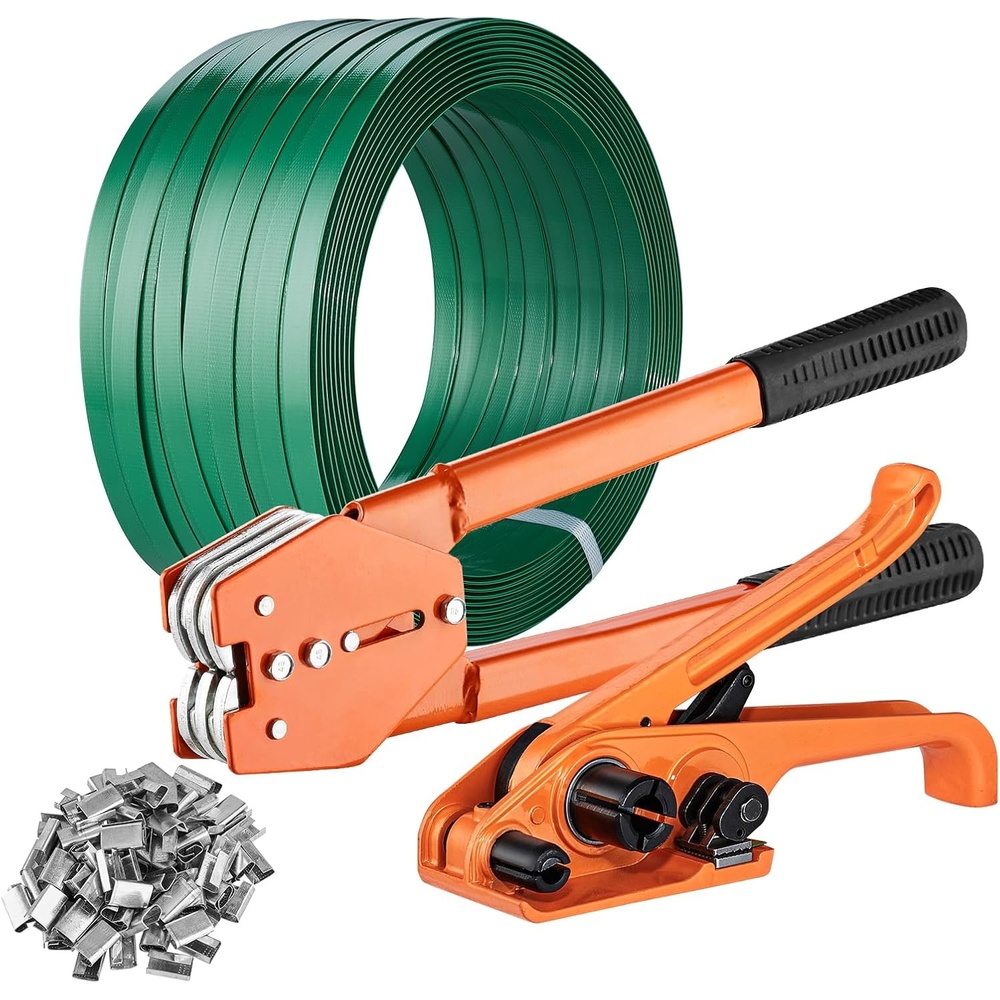 image:imageVEVOR Banding Strapping Kit Heavy Duty Banding Sealer Tool with 2000 ft PET Band 600 Metal Seals 200 Corner Protectors Plastic Pallet Packaging Strapping Kit for Warehouse Transportation HomePET 58x999 4PC Set