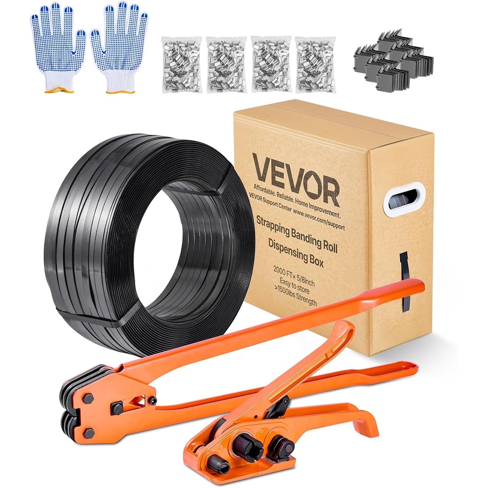 image:imageVEVOR Banding Strapping Kit Heavy Duty Banding Sealer Tool with 2000 ft PET Band 600 Metal Seals 200 Corner Protectors Plastic Pallet Packaging Strapping Kit for Warehouse Transportation HomePET 58x2000 6PC Set