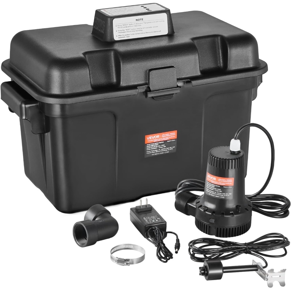 image:imageVEVOR Basement Emergency BackUp Sump Pump 2000GPH 017 HP Backup Sump Pump System with 15V Adapter Float Switch 24HouraDay Monitoring Controller Alerts and Charger Black