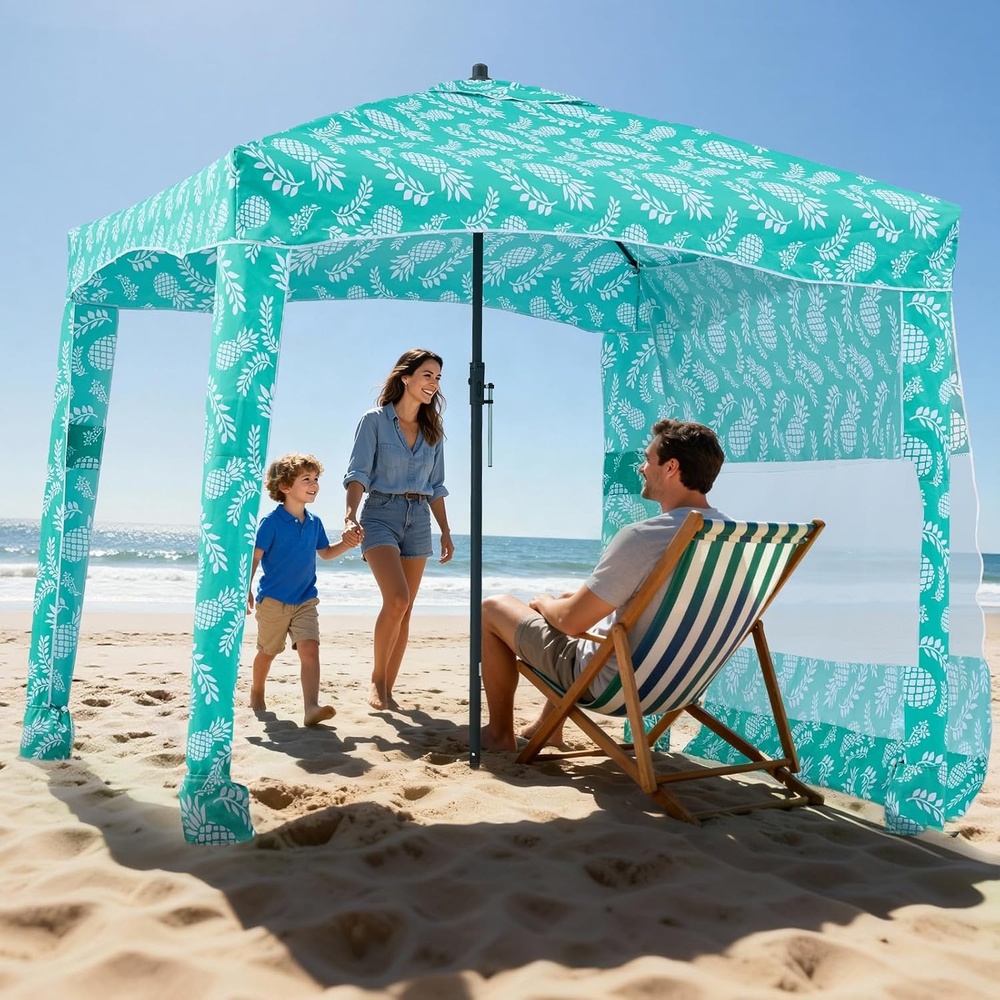 image:imageVEVOR Beach Cabana 8 x 8 ft Beach Canopy with Side Wall UPF 50 Protection Easy Setup Cabana Tent with Sand Pockets Adjustable Height Portable Shade Sun Shelter Umbrella for Family amp Friends GreenLight Green Pattern