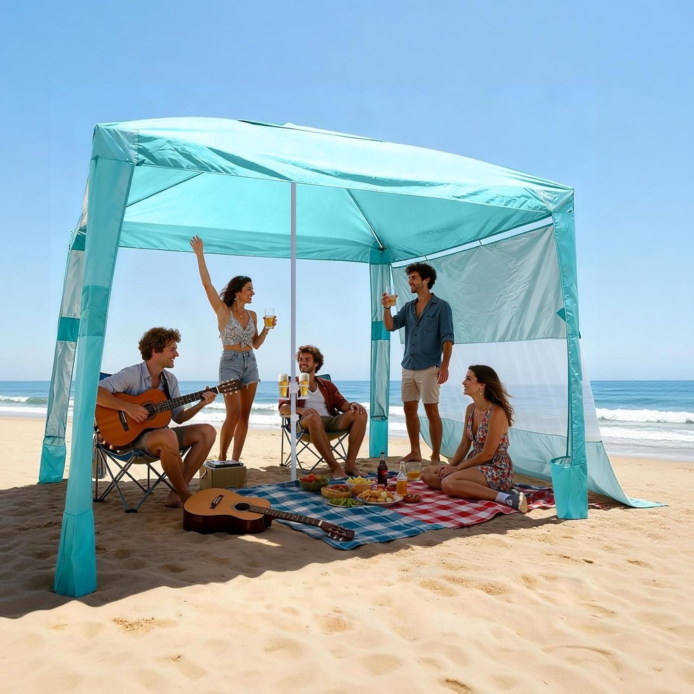 image:imageVEVOR Beach Cabana 8 x 8 ft Beach Canopy with Side Wall UPF 50 Protection Easy Setup Cabana Tent with Sand Pockets Adjustable Height Portable Shade Sun Shelter Umbrella for Family amp Friends GreenGreen