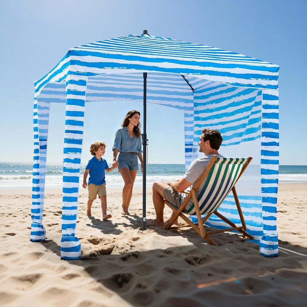 image:imageVEVOR Beach Cabana 8 x 8 ft Beach Canopy with Side Wall UPF 50 Protection Easy Setup Cabana Tent with Sand Pockets Adjustable Height Portable Shade Sun Shelter Umbrella for Family amp Friends GreenLight Blue Stripes
