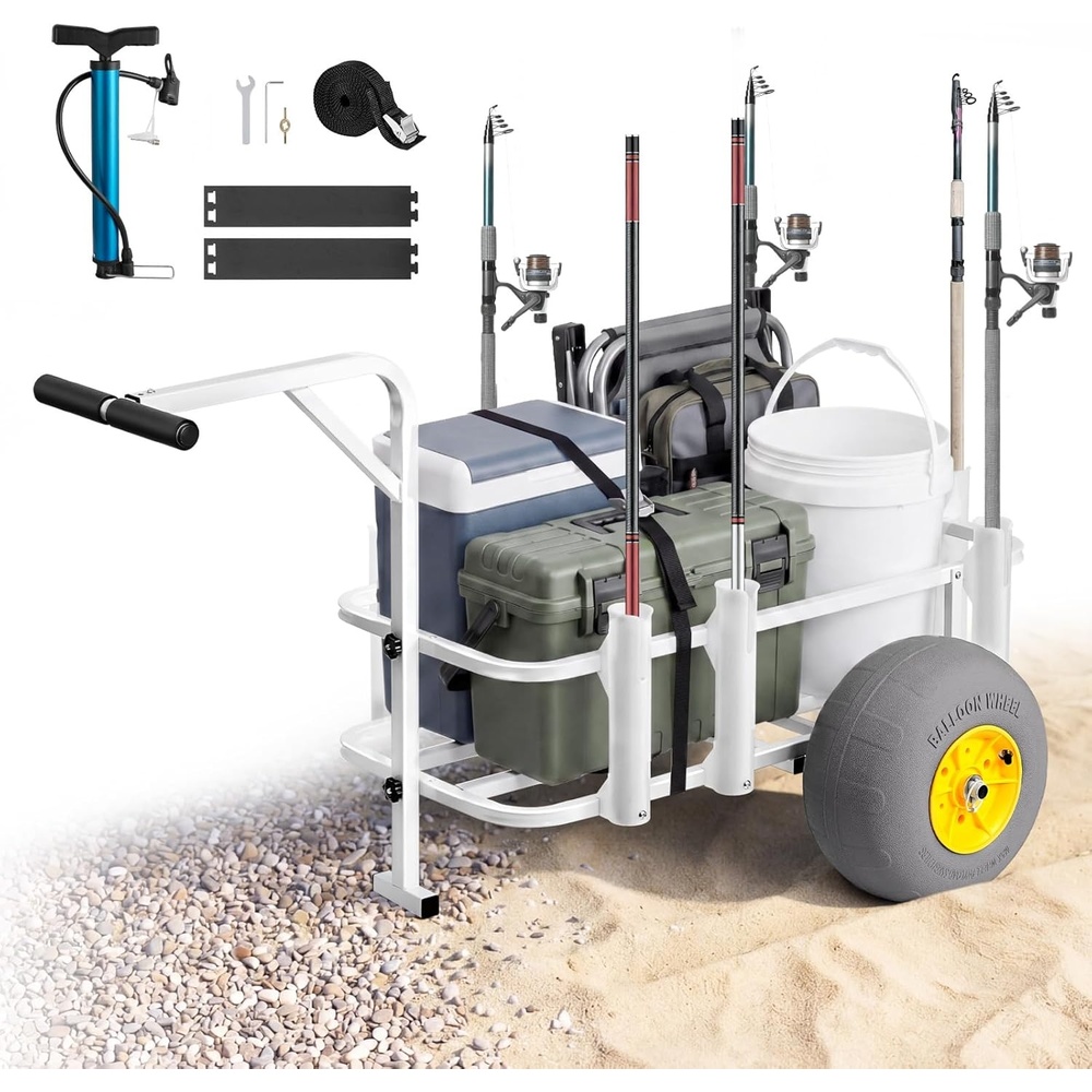 image:imageVEVOR Beach Fishing Cart 200 lbs Load Capacity Fish and Marine Cart with Two 11 Big Wheels Rubber Balloon Tires for Sand HeavyDuty Steel Pier Wagon Trolley with 7 Rod Holders for Fishing Picnic547 D x 327 W x 276 H
