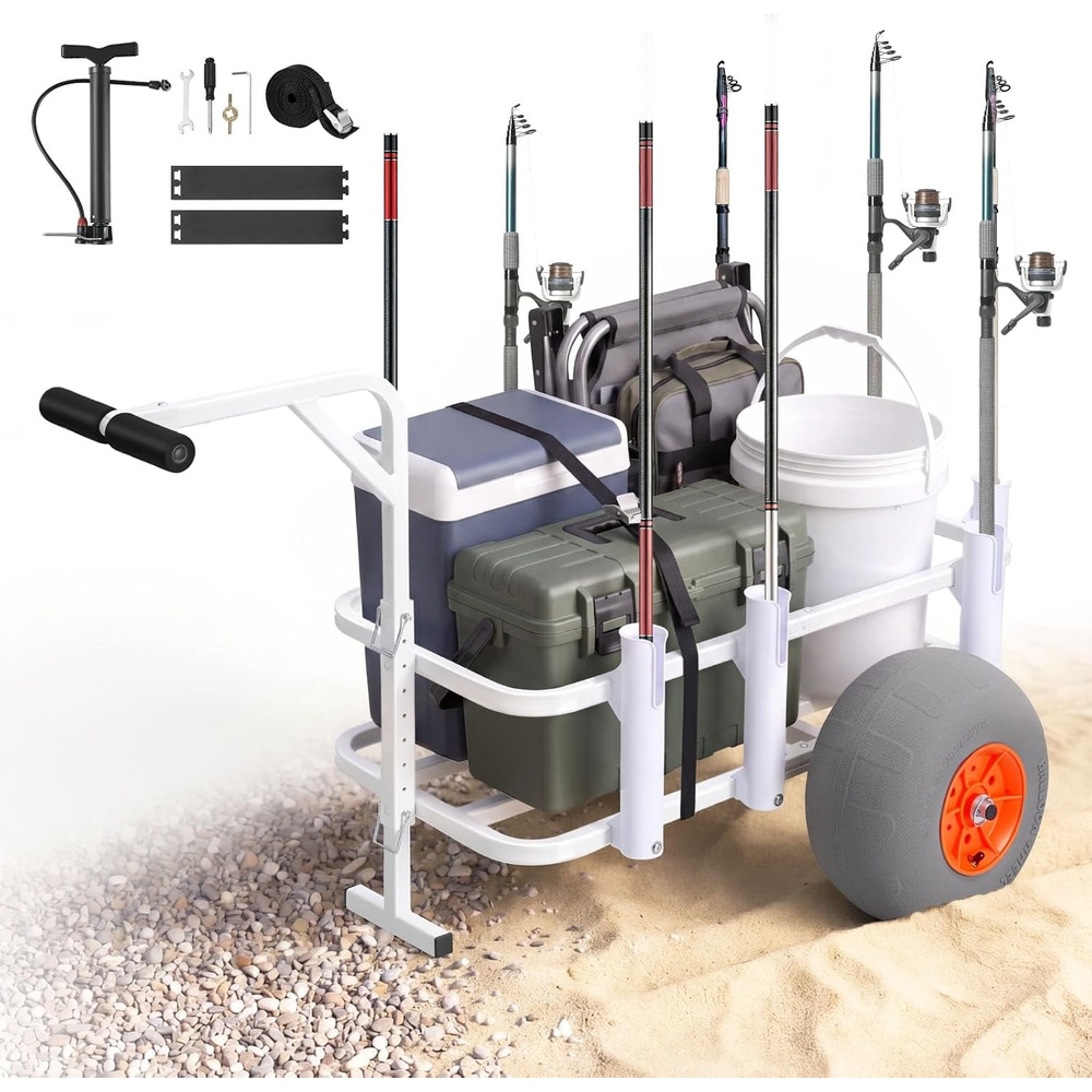image:imageVEVOR Beach Fishing Cart 200 lbs Load Capacity Fish and Marine Cart with Two 11 Big Wheels Rubber Balloon Tires for Sand HeavyDuty Steel Pier Wagon Trolley with 7 Rod Holders for Fishing Picnic547 D x 330 W x 287 H