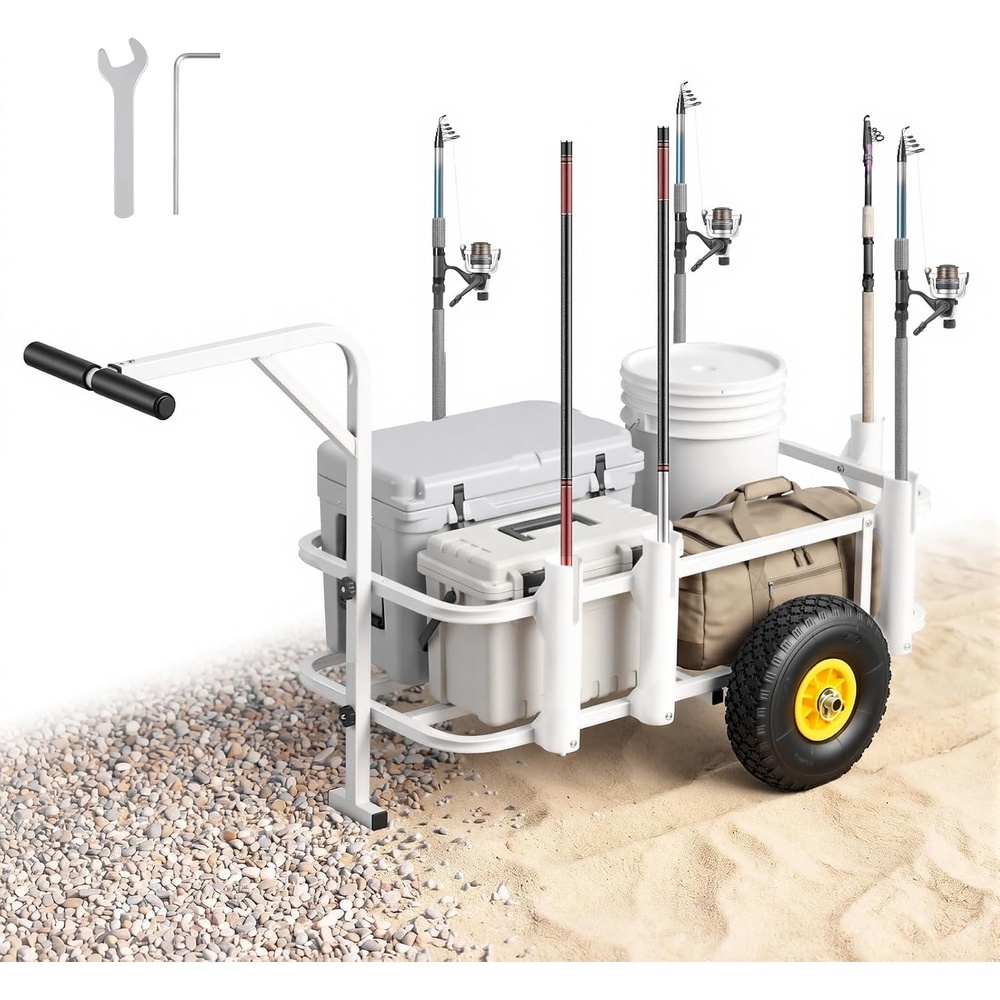 image:imageVEVOR Beach Fishing Cart 200 lbs Load Capacity Fish and Marine Cart with Two 11 Big Wheels Rubber Balloon Tires for Sand HeavyDuty Steel Pier Wagon Trolley with 7 Rod Holders for Fishing Picnic544 D x 250 W x 276 H