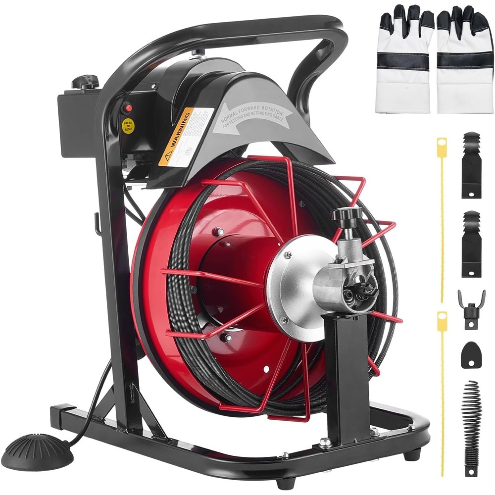 image:imageVEVOR Drain Cleaner Machine 100 FT x 12 Inch Auto Feed Sewer Snake Auger  Portable on Wheels with 8 Cutters amp AirActivated Foot Switch Fits 2 to 6 Pipes50 FT x 516
