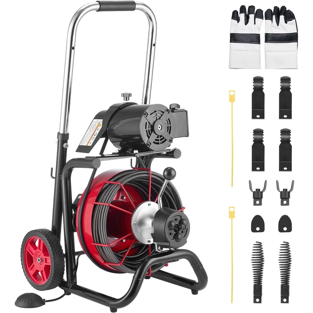 image:imageVEVOR Drain Cleaner Machine 100 FT x 12 Inch Auto Feed Sewer Snake Auger  Portable on Wheels with 8 Cutters amp AirActivated Foot Switch Fits 2 to 6 Pipes100 FT x 38