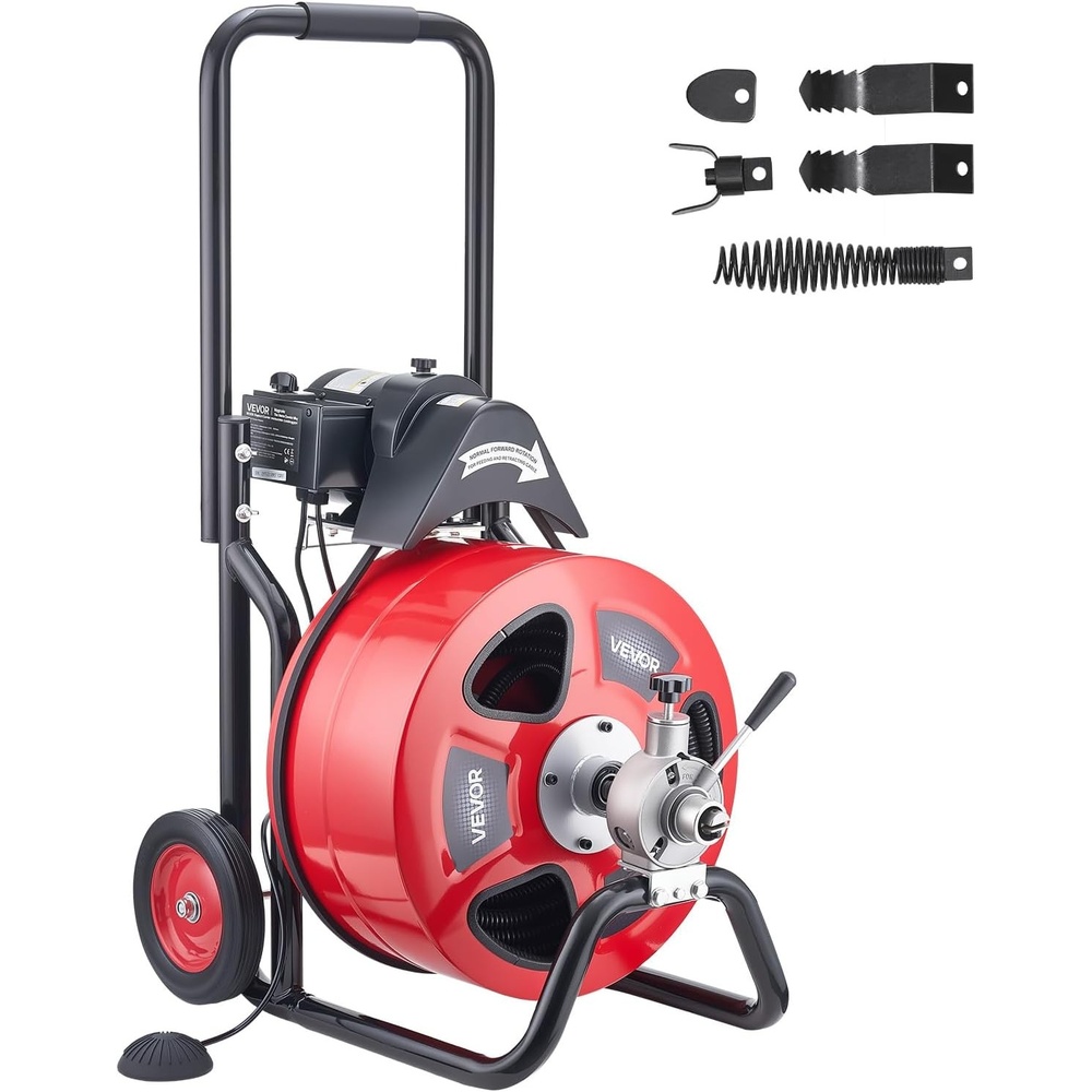 image:imageVEVOR Drain Cleaner Machine 100 FT x 12 Inch Auto Feed Sewer Snake Auger on Wheels Portable Drain Cleaning Machine with 4 Cutters amp Airactivated Foot Switch for 2 to 6 Pipes100 FT x 34