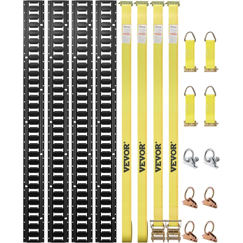 image:imageVEVOR ETrack TieDown Rail Kit 5 E Tracks Set 16Pcs Includes 4 Steel Rails amp 2 Single Slots amp 6 ORings amp 4 TieOffs wDRing amp 2 Ratchet Straps Cargo Motorcycles Bikes Securing Accessories5 Rail Kit16Pcs