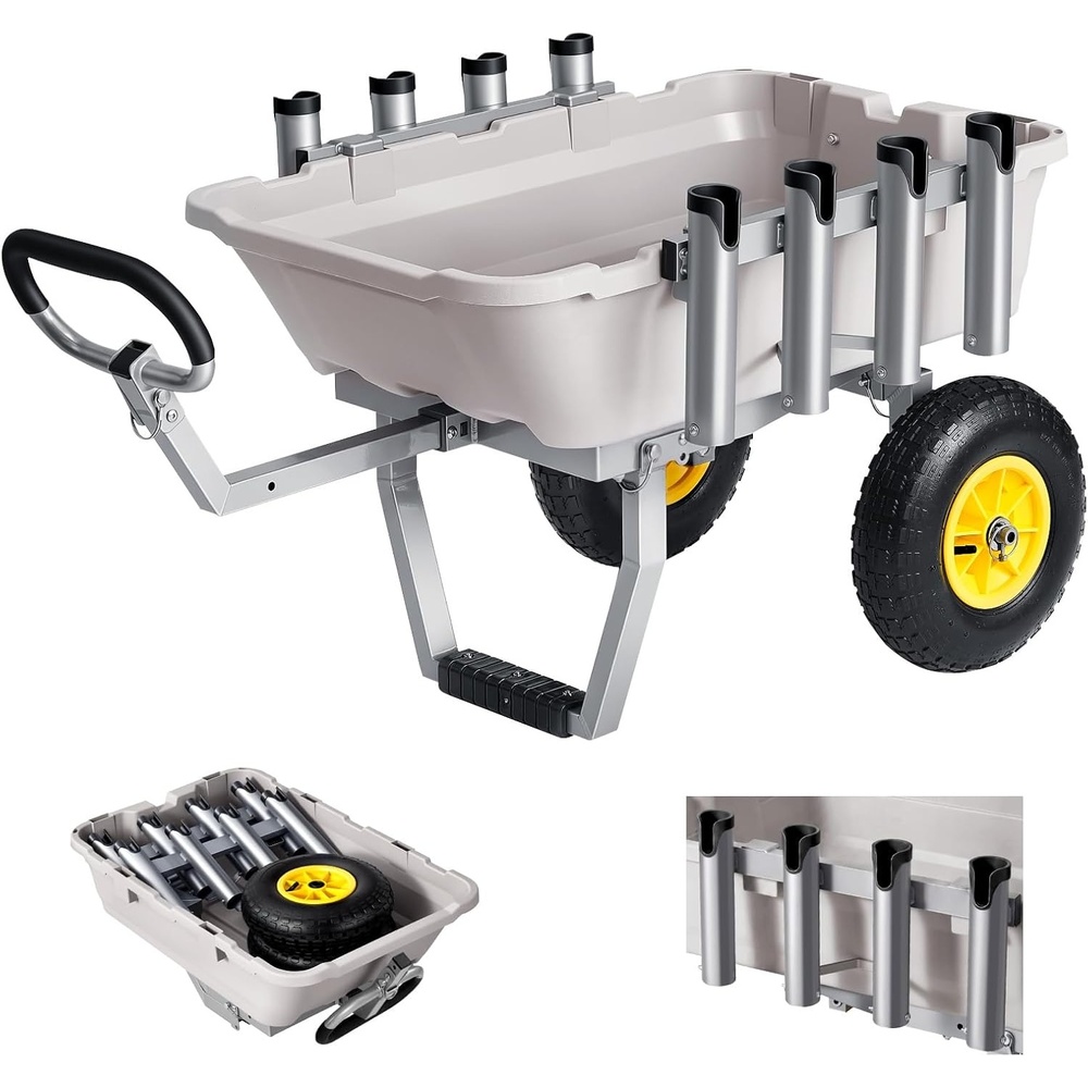 image:imageVEVOR Fishing Cart 300 lbs Load Capacity Foldable Fish and Marine Cart with Four 11 Big Wheels Rubber Balloon Tires HeavyDuty Steel Pier Wagon Trolley with 8 Rod Holders for Picnic480 D x 272 W x 256 H