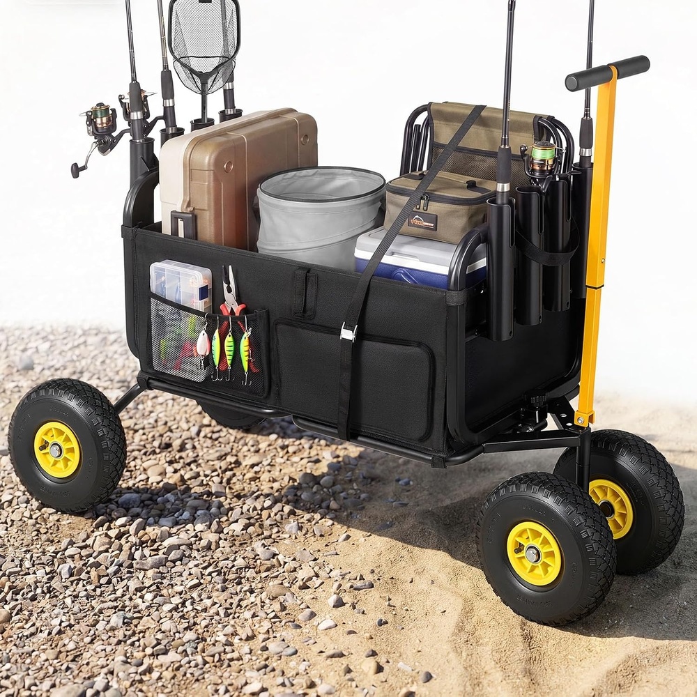 image:imageVEVOR Fishing Cart 300 lbs Load Capacity Foldable Fish and Marine Cart with Four 11 Big Wheels Rubber Balloon Tires HeavyDuty Steel Pier Wagon Trolley with 8 Rod Holders for Picnic551 D x 242 W x 328 H