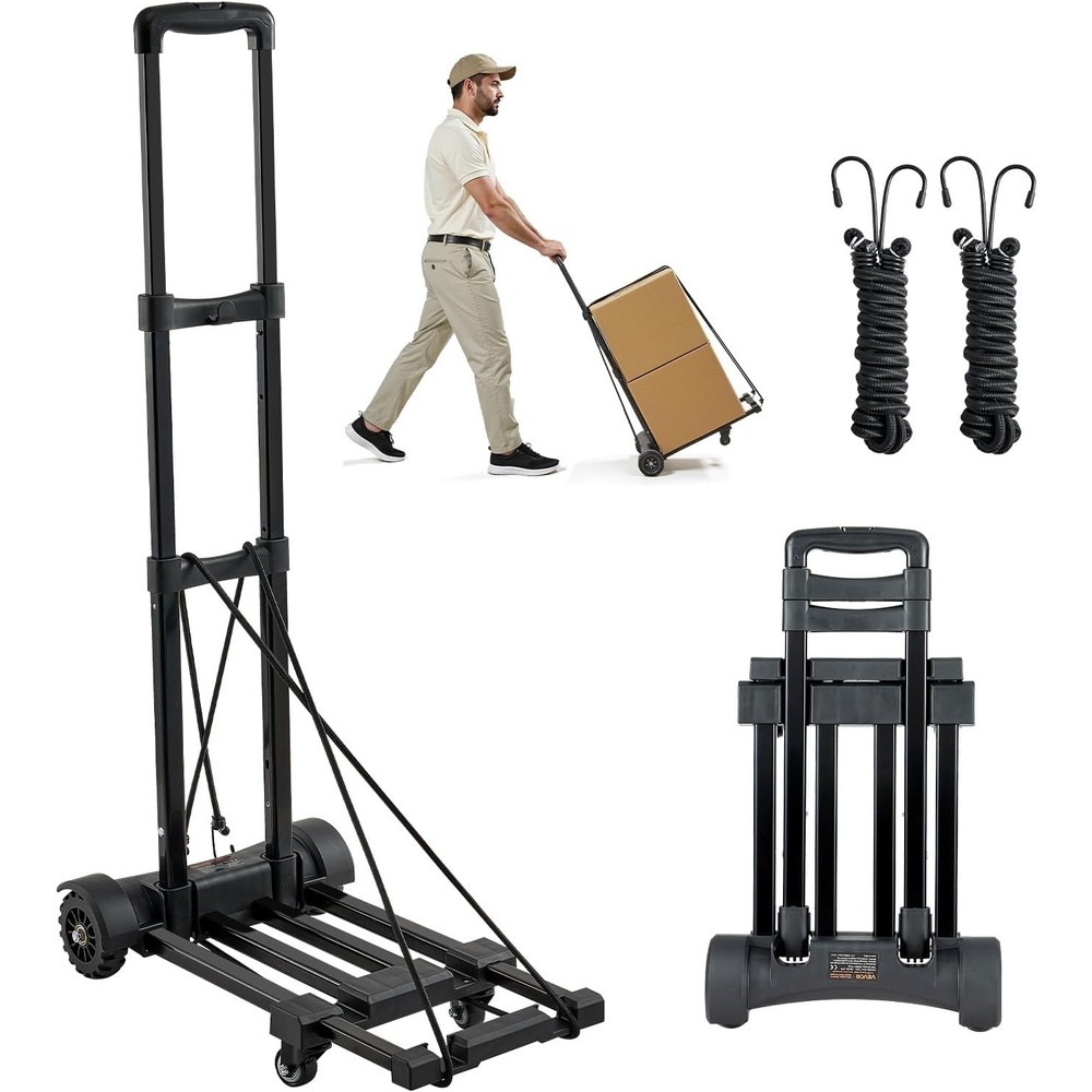 image:imageVEVOR Folding Hand Truck 290 lbs Load Capacity Collapsible Luggage Cart with 4 Wheels 2 Elastic Ropes amp Expandable Base Utility Dolly Platform Cart for Airport Travel Luggage Office Moving Black290 lbs