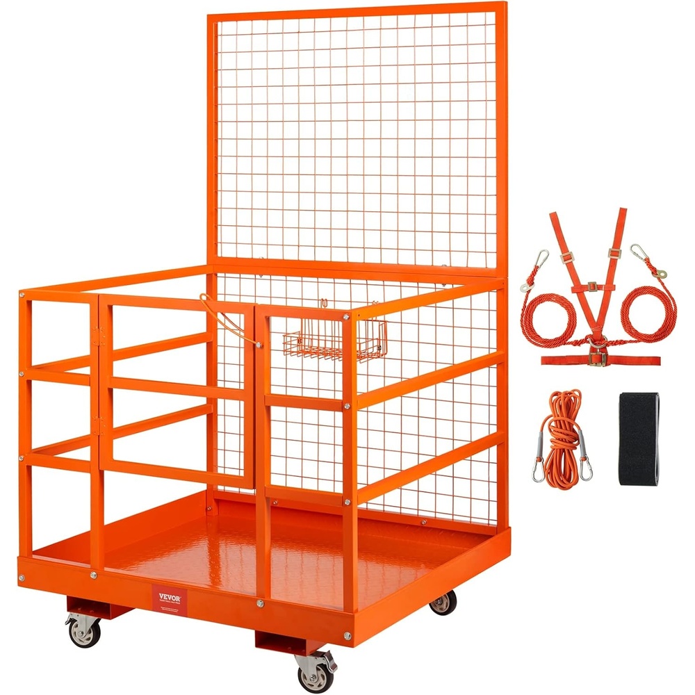 image:imageVEVOR Forklift Safety Cage Forklift Man Basket 1400lbs Capacity 43x45 Work Platform with Safety Harness amp Lock Drain Hole amp Wheels amp Tool Basket Perfect for Aerial Work43x45 with Wheels