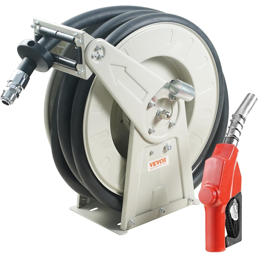 image:imageVEVOR Fuel Hose Reel 1 inch x 50 ft Retractable Spring Driven Auto Swivel Rewind 300 PSI HeavyDuty Carbon Steel Construction with Industrial Grade Rubber Hose for Diesel Fuel Kerosene34 60 Ft