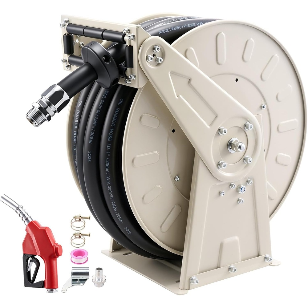 image:imageVEVOR Fuel Hose Reel 1 inch x 50 ft Retractable Spring Driven Auto Swivel Rewind 300 PSI HeavyDuty Carbon Steel Construction with Industrial Grade Rubber Hose for Diesel Fuel Kerosene1 50 Ft