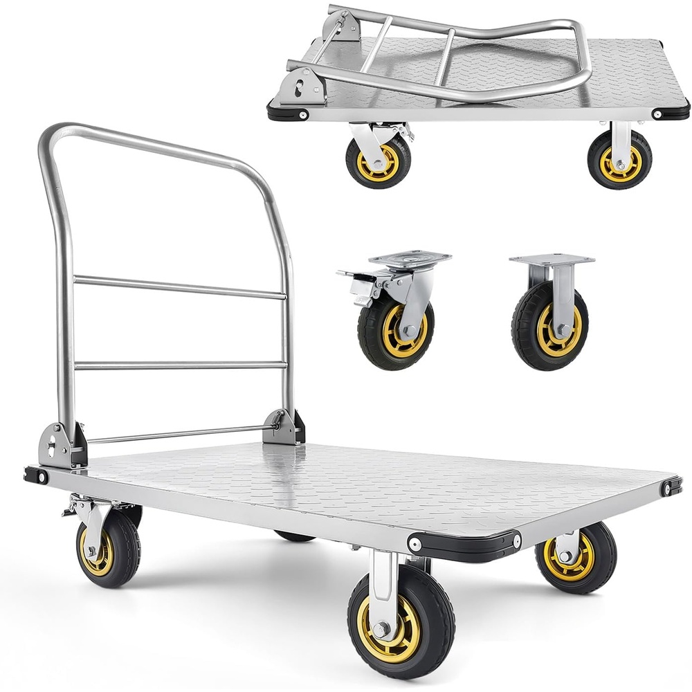 image:imageVEVOR Heavy Duty Platform Truck 2000 LBS Steel Large Flatbed Cart with 360 Swivel Wheels amp Brakes Foldable Platform Hand Push Truck Dolly for Easy StoragGroceriesGarageWarehouse 36 X 24354 x 236 x 354 in 900 x 600 x 900 mm