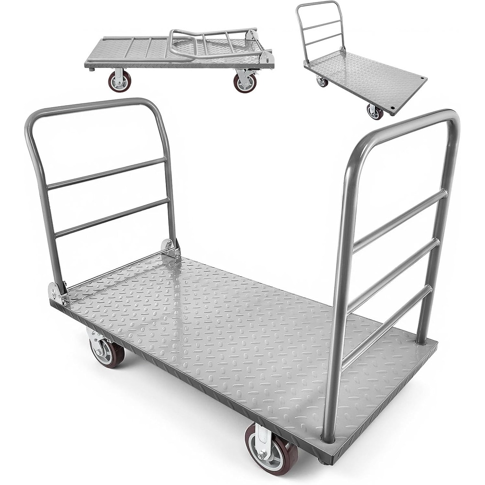 image:imageVEVOR Heavy Duty Platform Truck 2000 LBS Steel Large Flatbed Cart with 360 Swivel Wheels amp Brakes Foldable Platform Hand Push Truck Dolly for Easy StoragGroceriesGarageWarehouse 36 X 24480 x 240 x 362 in1220 x 610 x 920 mm