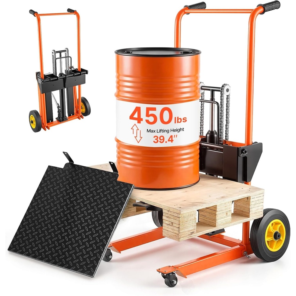 image:imageVEVOR Hydraulic Material Lift Winch Stacker 450 lbs Load Capacity 394 Max Lifting Height Pallet Truck Dolly with Fork Lift Table Foldable amp Portable Pallet Jack Table Cart Orange amp Black