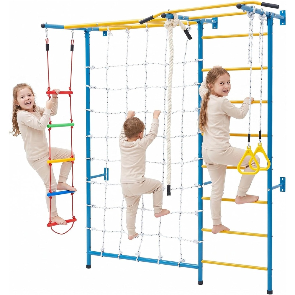 image:imageVEVOR Indoor Jungle Gym for Toddlers 7in1 Climbing Playset with Carbon Steel Swedish Ladder Wall Ladder PullUp Bar Rope Ladder and Gymnastic Rings Supports 220 lbs Multicolor7in1