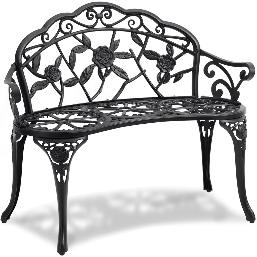 image:imageVEVOR Outdoor Bench 50 inch Carbon Steel Metal Frame with Slatted Pattern Backrest and Round Edge Armrests Weatherproof Outside Bench for Patio Garden Park Yard Front Porch Antique BronzeMetal