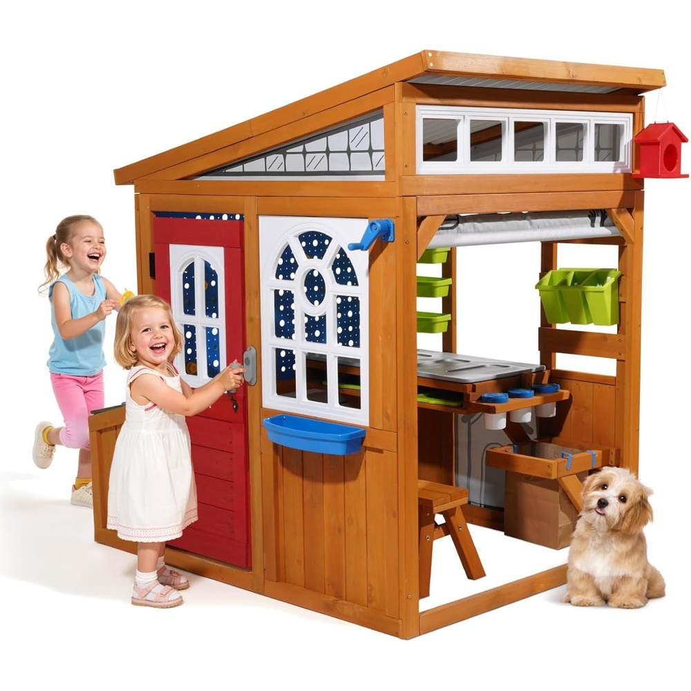 image:imageVEVOR Outdoor Playhouse Cedar Wooden Kids Playhouse with Bird Nest Doorbell Trash Bin Gravity Wall Set Storage Pocket Windowsill Wooden Kids Cottage for Aged 3 to 10 Rounded Corners