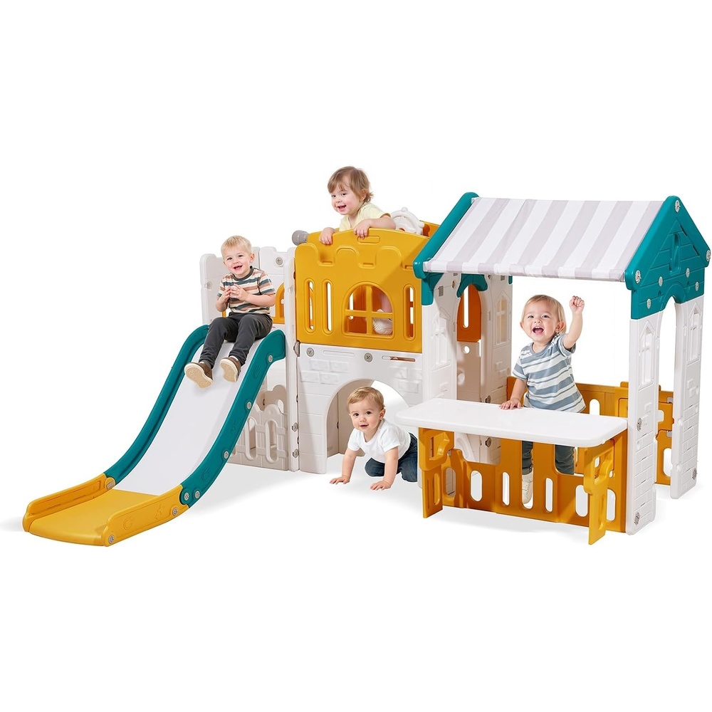 image:imageVEVOR Outdoor Playhouse Versatile Toddler Playground with Slide Basketball Telescope Steering Wheel Crawling Tunnel Sales Window Toddler Playset for Aged 1 Open Play Structure HDPE Plastic