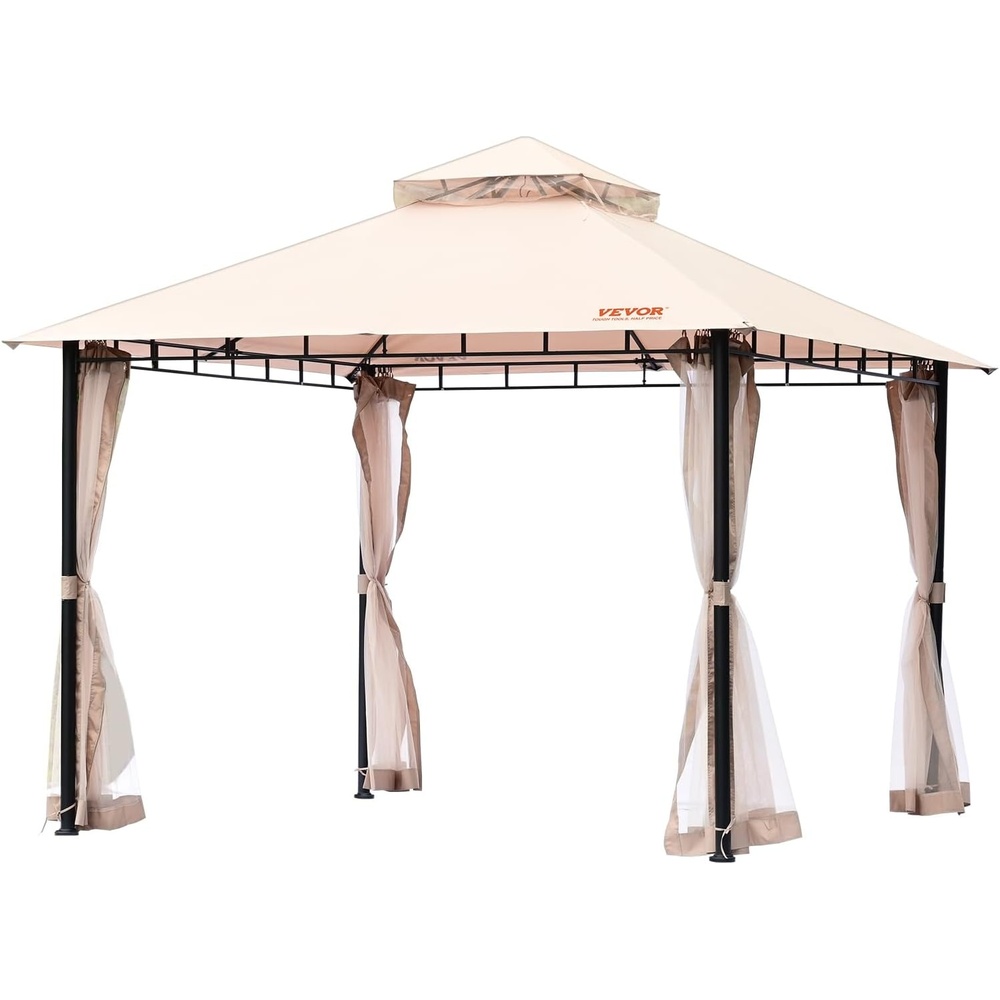 image:imageVEVOR Patio Gazebo for 68 Person 10 x 10 FT Backyard Gazebo with Mosquito Netting Metal Frame and PU Coated 180G Polyester Outdoor Canopy Shelter for Patio Backyard Lawn Garden DeckBeigeBlack