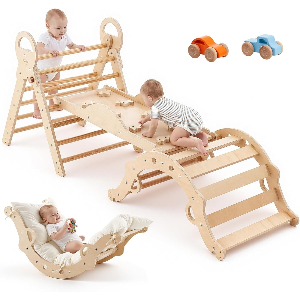 image:imageVEVOR Pikler Triangle Set 9in1 Toddler Climbing Toys Indoor with 2 Wooden Cars Cushion Triangle Arch and Ramp 150 lbs Load Foldable Montessori Climbing Set for Toddlers and Kids Wood ColorNatural Wood