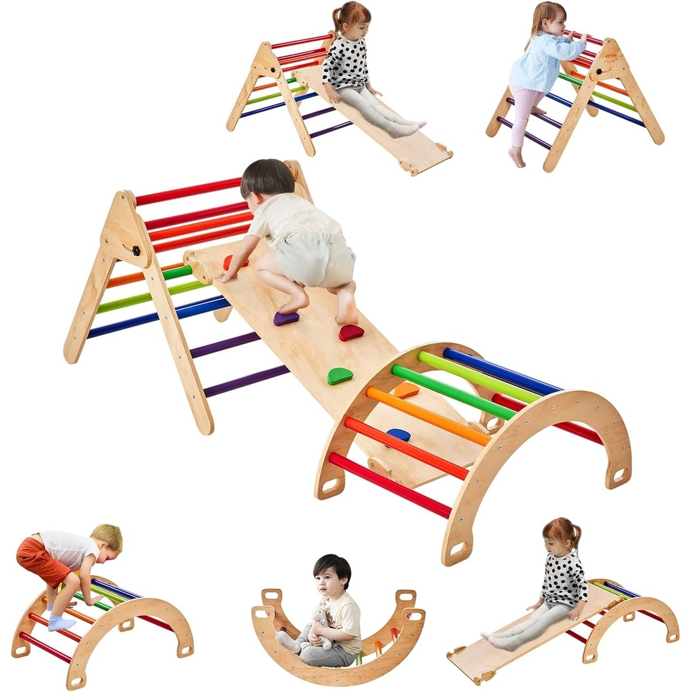 image:imageVEVOR Pikler Triangle Set Climber 5 in 1 Toddler Climbing Toys Indoor Folding with ArchampRampampLadder for Montessori Play Gym for Toddlers and Kids Wooden Color Large SizeRainbow