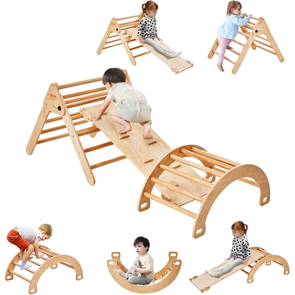 image:imageVEVOR Pikler Triangle Set Climber 5 in 1 Toddler Climbing Toys Indoor Folding with ArchampRampampLadder for Montessori Play Gym for Toddlers and Kids Wooden Color Large SizeNatural 5 in 1