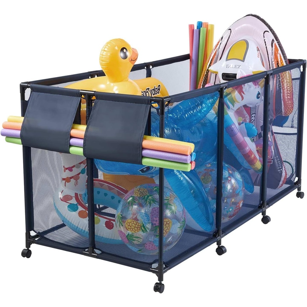 image:imageVEVOR Pool Storage Bin 472 x 302 x 34 in Rolling Pool Float Storage Organizer with Side Pockets amp Casters Heavy Duty Plastic Frame Poolside Toys Noodles Holder Mesh Basket for Swimming PoolsMetal Frame 69 x 32 x 35 in