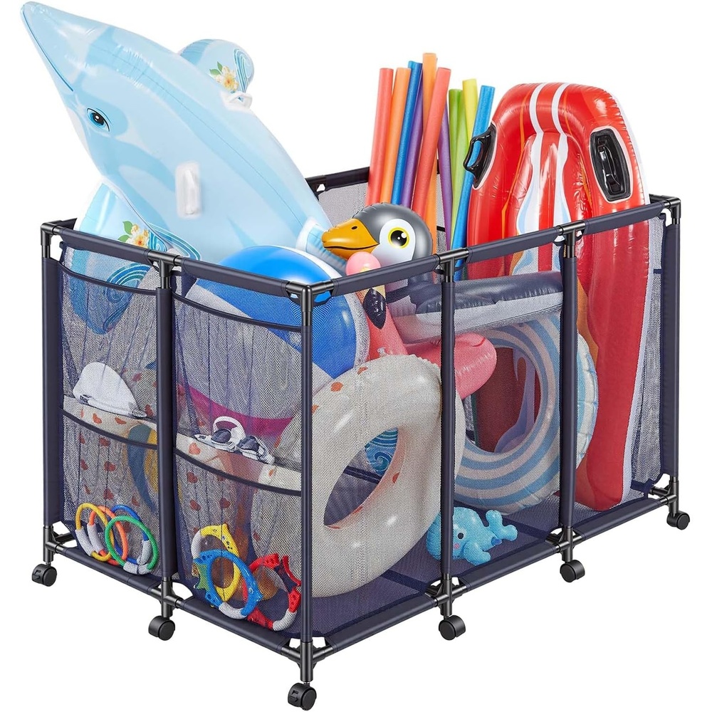 image:imageVEVOR Pool Storage Bin 472 x 302 x 34 in Rolling Pool Float Storage Organizer with Side Pockets amp Casters Heavy Duty Plastic Frame Poolside Toys Noodles Holder Mesh Basket for Swimming PoolsMetal Frame 488 x 327 x 327 in