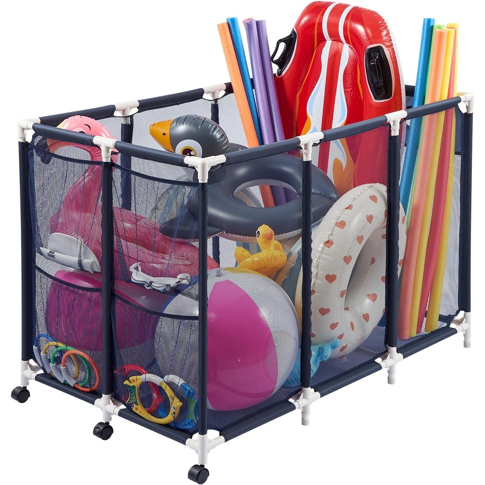 image:imageVEVOR Pool Storage Bin 472 x 302 x 34 in Rolling Pool Float Storage Organizer with Side Pockets amp Casters Heavy Duty Plastic Frame Poolside Toys Noodles Holder Mesh Basket for Swimming PoolsPlastic Frame 472 x 302 x 34 in