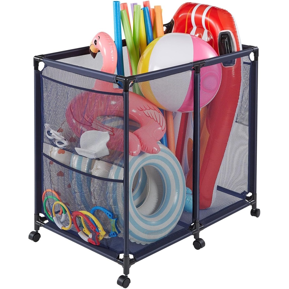 image:imageVEVOR Pool Storage Bin 472 x 302 x 34 in Rolling Pool Float Storage Organizer with Side Pockets amp Casters Heavy Duty Plastic Frame Poolside Toys Noodles Holder Mesh Basket for Swimming PoolsMetal Frame 368 x 24 x 356 in