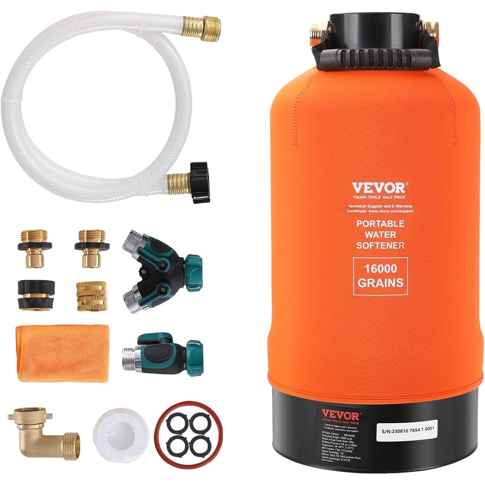 image:imageVEVOR RV Water Softener 16000 Grain Portable Water Softener with 34 Brass Fittings and 42 Hose Soften Hard Water Filter System for RVs Trailers Boats Mobile Car Washing Pressure Washing