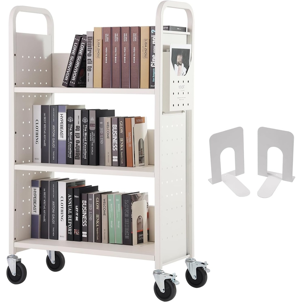 image:imageVEVOR Rolling Library Book Cart 330 lbs Capacity 303 x 15 x 480Inch Library Cart Single Sided VShaped Shelves with 3Inch Lockable Wheels Book Truck for Home Shelves Office and School WhiteCream