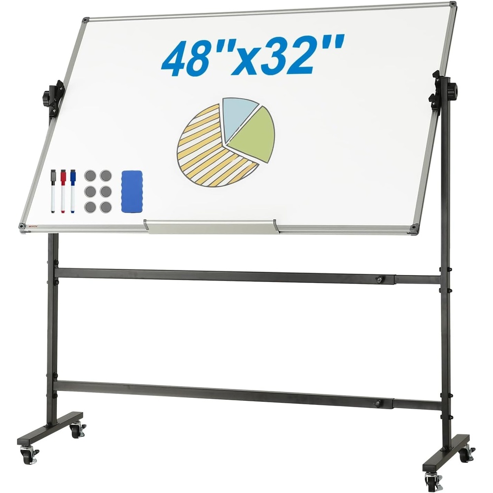 image:imageVEVOR Rolling Whiteboard 48x32 inch DoubleSided Magnetic Mobile Whiteboard 360 Reversible Adjustable Height Dry Erase Board with Wheels amp Movable Tray for Office School