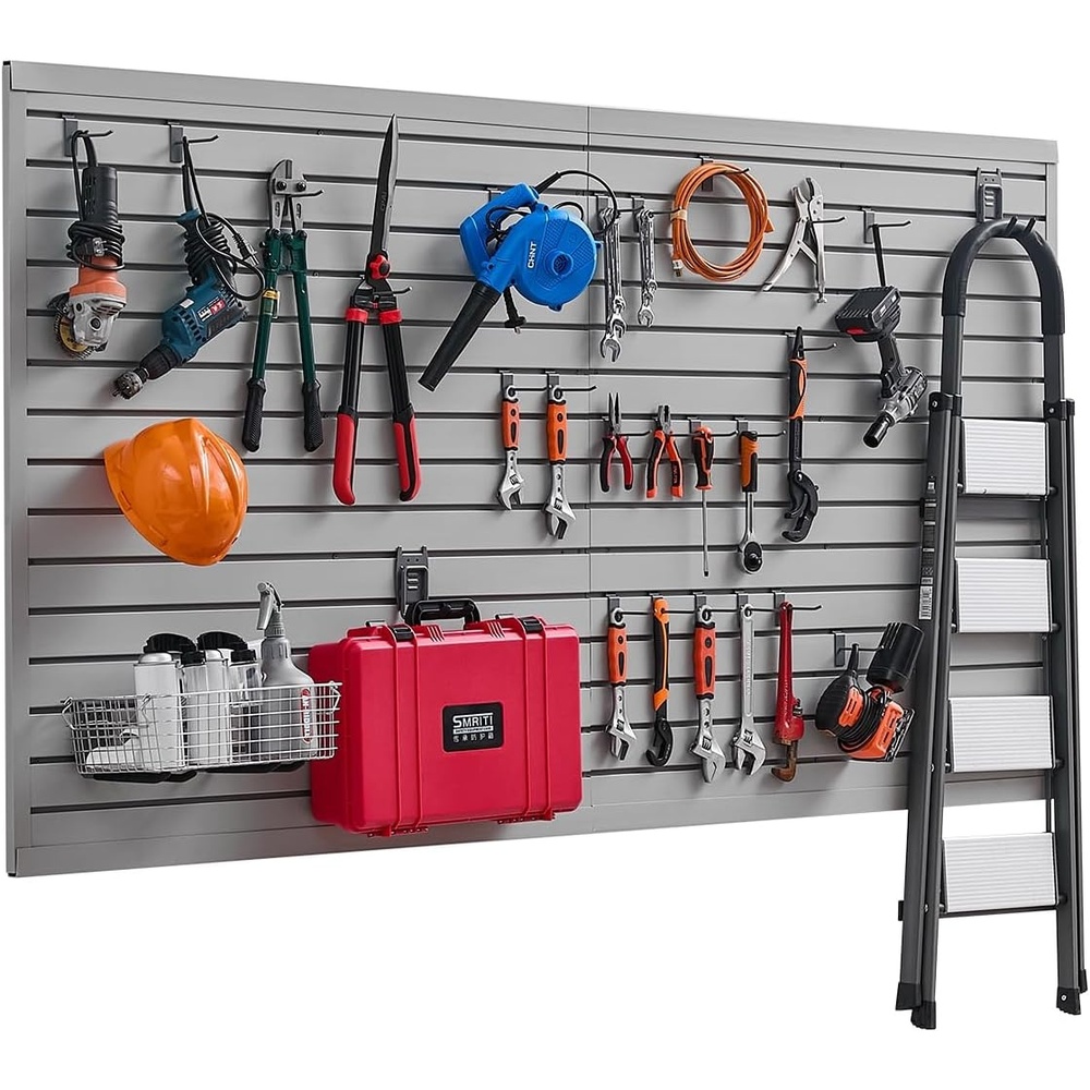 image:imageVEVOR Slat Wall Paneling 8 x 4 ft PVC Garage Slatwall without Accessories Black Slat Wall EasytoInstall Adjustable Slatwall Panel with Coupling Structure amp DIY Cutting Fits for Storage amp DisplayGray