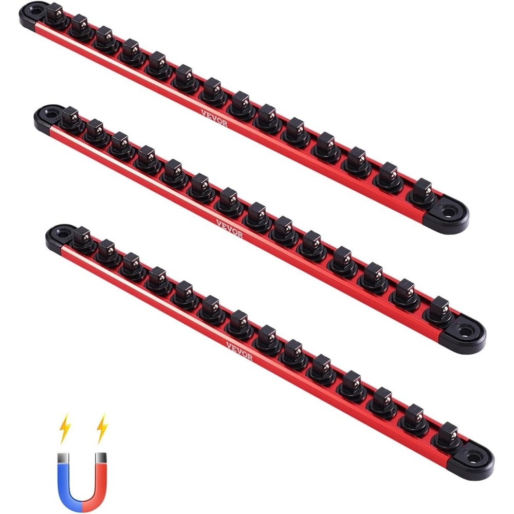 image:imageVEVOR Socket Organizer Rail Set 3PCS Metric amp SAE Aluminum Socket Organizers 14 38 amp 12 HeavyDuty Socket Holder with 360 Rotating Clips for Tool Box Hold up to 40 Sockets Red amp BlackSocket Rail Holder