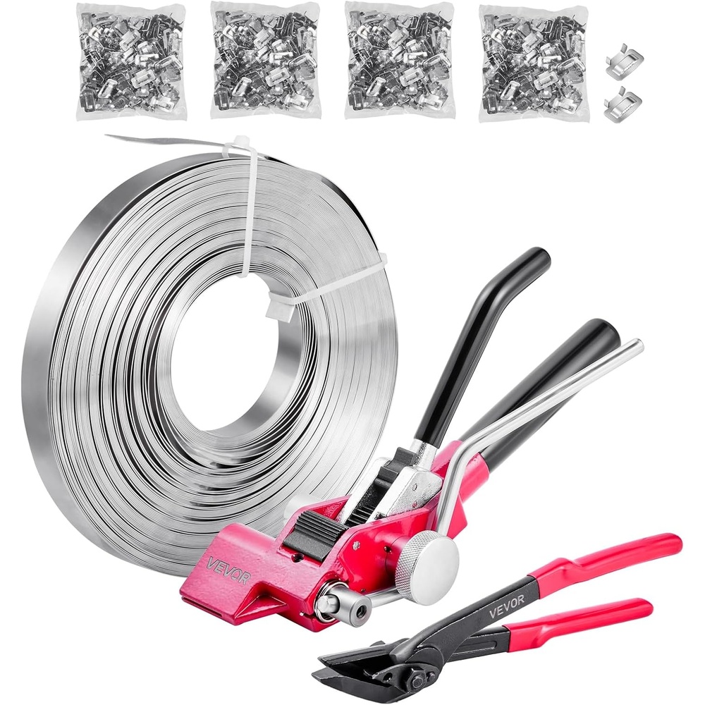 image:imageVEVOR Steel Banding Strapping Kit Heavy Duty Banding Sealer Tool with 400 ft Binding Straps 400 Metal Clasps Manual Pallet Packaging Strapping Kit for Warehouse Transportation Industrial BundlingSteel 34x400 4PC Set