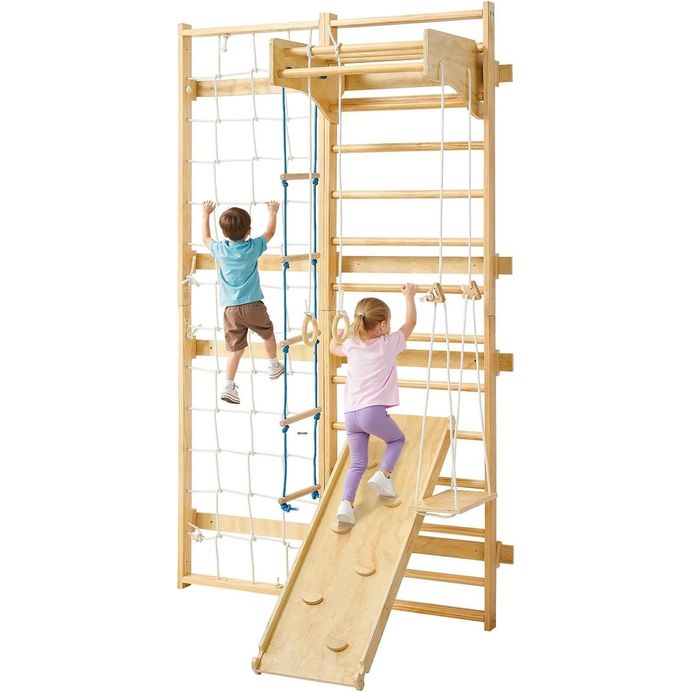 image:imageVEVOR Swedish Ladder Wall Gym 8in1 12Level Solid Wood Gymnastic Stall Bars for Kids Adults 220LBS Indoor Jungle Gym Playset with Climbing Board Gym Rings PullUp Bar Wall Ladder Slide Swing12Level 8in1