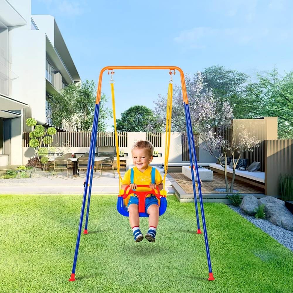 image:imageVEVOR Swing Sets for Backyard 3in1 Toddler Swing Set with 4 Sandbags Easy to Assemble Foldable Metal Stand Swingset IndoorOutdoor for Kids Aged 3Plastic Seat with 4 Sandbags