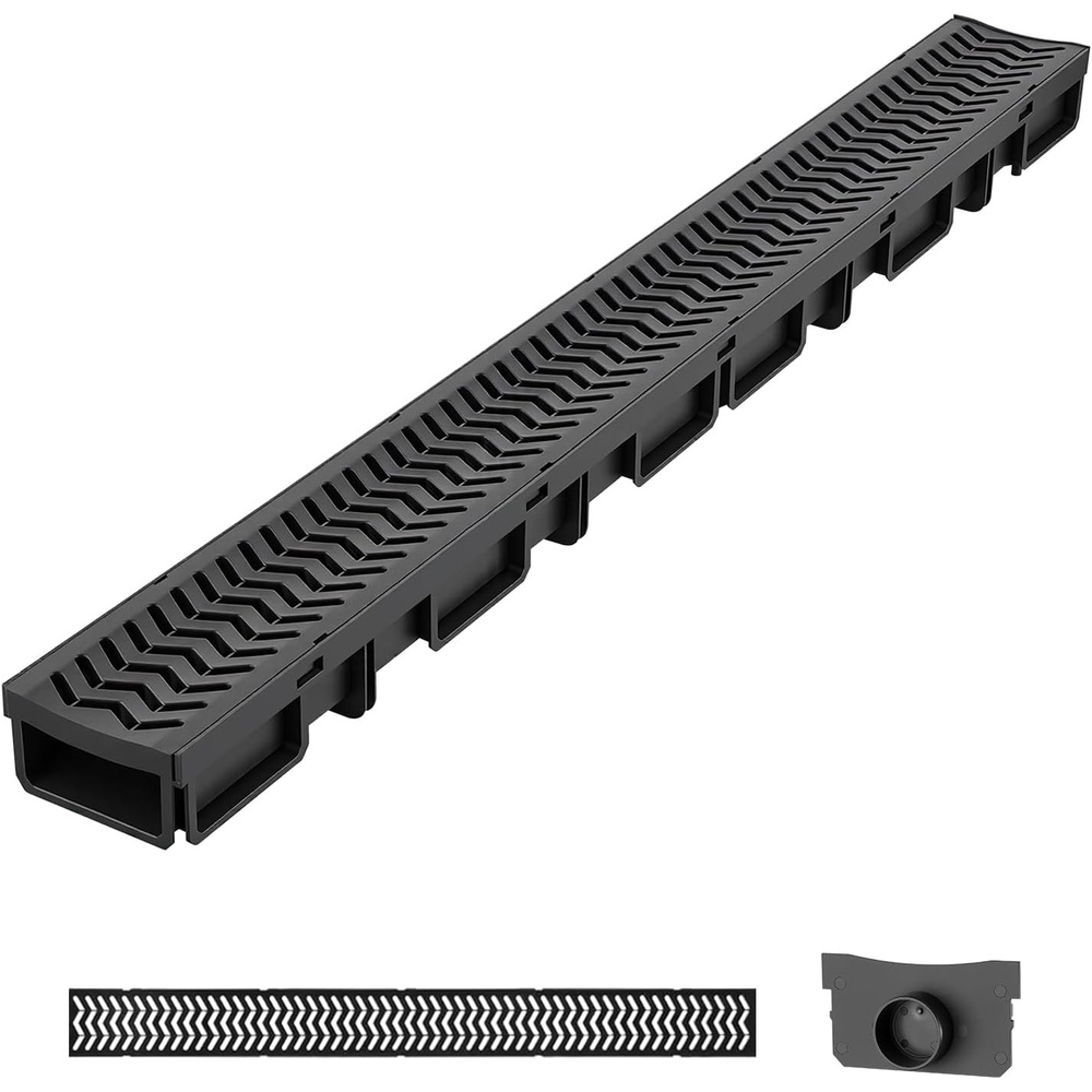 image:imageVEVOR Trench Drain System 4 Pack Channel Drain with Plastic Grate 59 x 75 in HDPE Drainage Trench Black Plastic Garage Floor Waterway 4 x 39 in with 4 End Caps for Garden DrivewayBlack