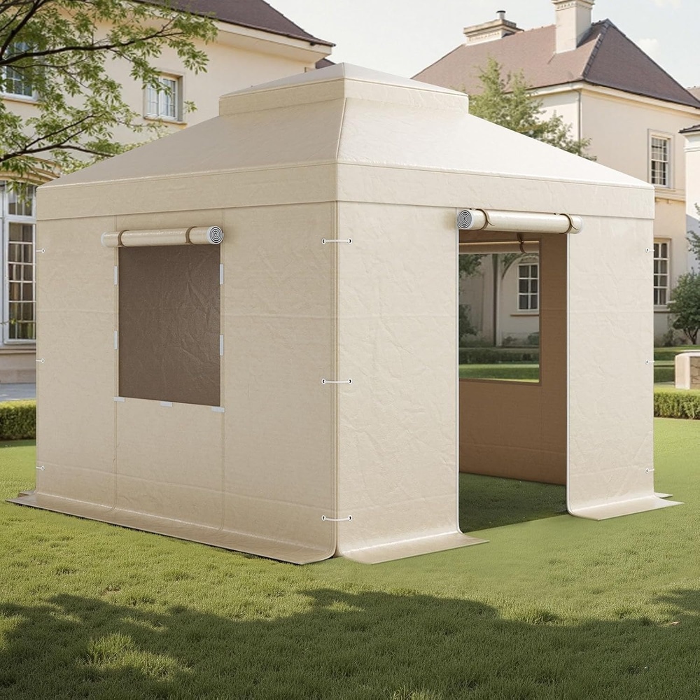 image:imageVEVOR Winter Gazebo Cover Fits 10 x 10 ft Hardtop Gazebos AllWeather DoubleTiered Gazebo Cover with Sidewalls amp Mesh Windows HighDensity PE Enclosed Storage Shelter Covers Gazebos not Included