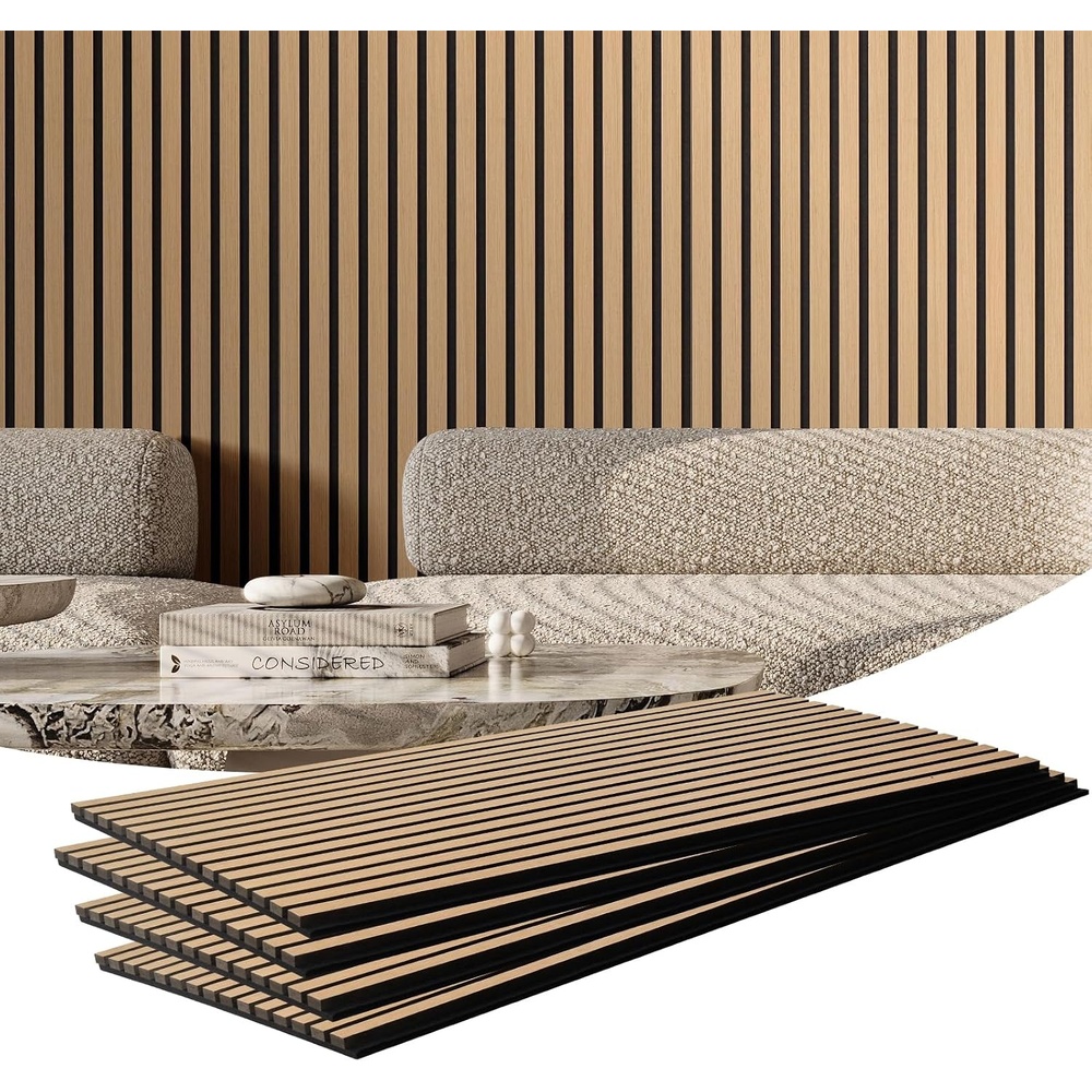 image:imageVEVOR Wood Slat Acoustic Panels 79 x 945 in 4Piece MDF Accent Wooden Wall Panels Faux Wood Wall Board Panels for Modern Interior Decor and Noise Reduction Black OakLight Oak