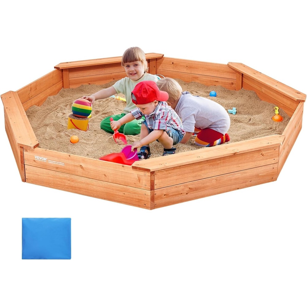 image:imageVEVOR Wooden Sandbox with Cover 756x756x91 Octagonal Sand Box Sandpit with 4 Benches and Bottom Liner Gift for Ages 312 Years Old Backyard Garden Easy AssemblyOctagonal